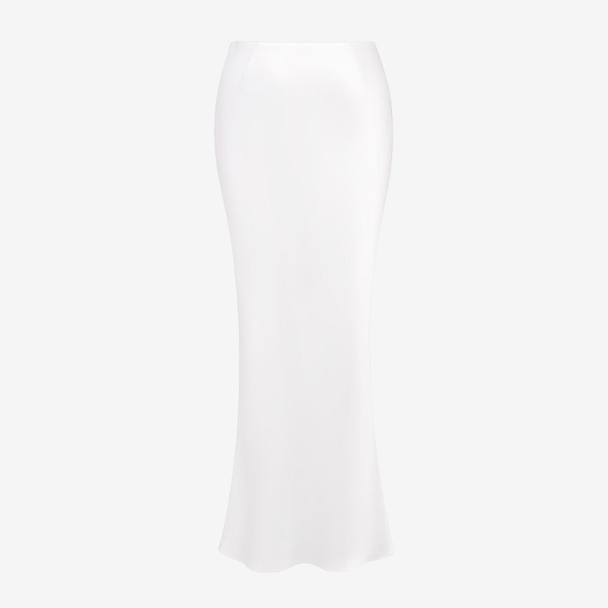 Angled product view of the Kouvr Fashion long white satin slip skirt, highlighting the fabric's luminous texture and quality.