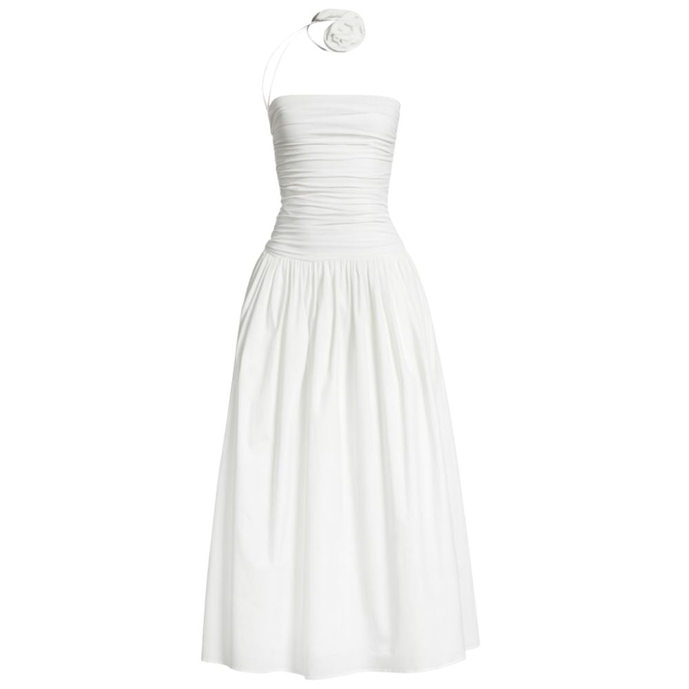 White kouvr strapless dress on a white background