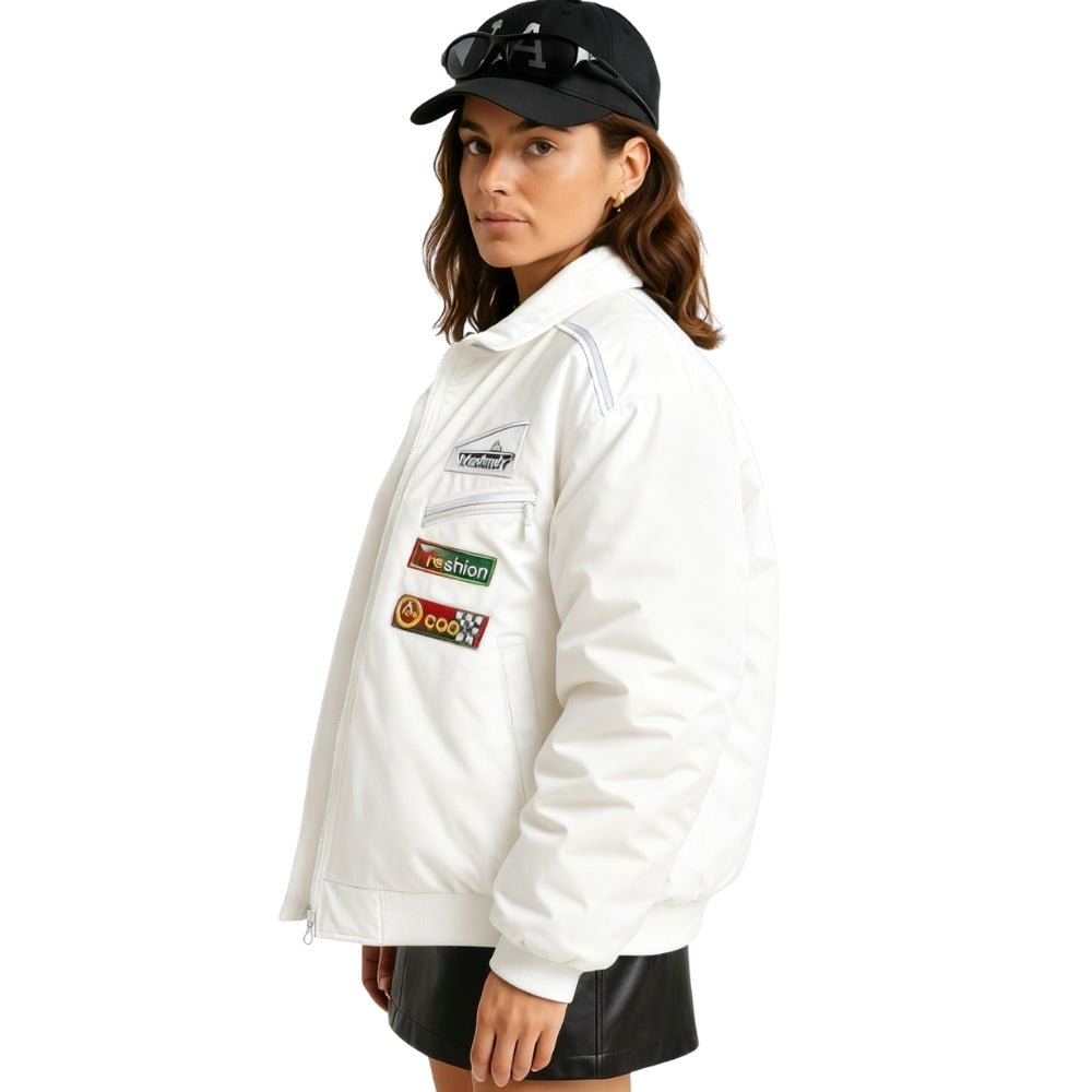 F1 aesthetic," "retro," "streetwear," "oversized fit," "padded," and "nylon twill