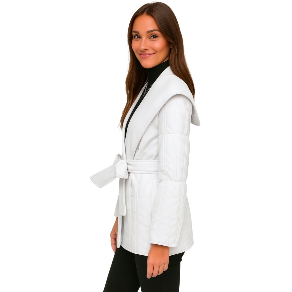 sophisticated outerwear," "statement winter jacket," "minimalist design," "cold weather chic," and "investment piece