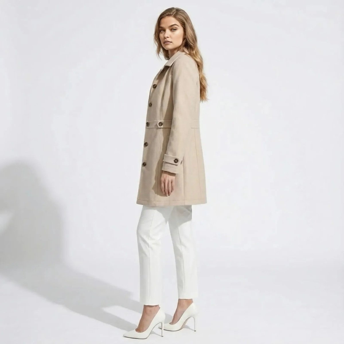 Side profile of a model in a beige single-breasted wool car coat from Kouvr Fashion, showing the sleeve detail and tailored fit. 