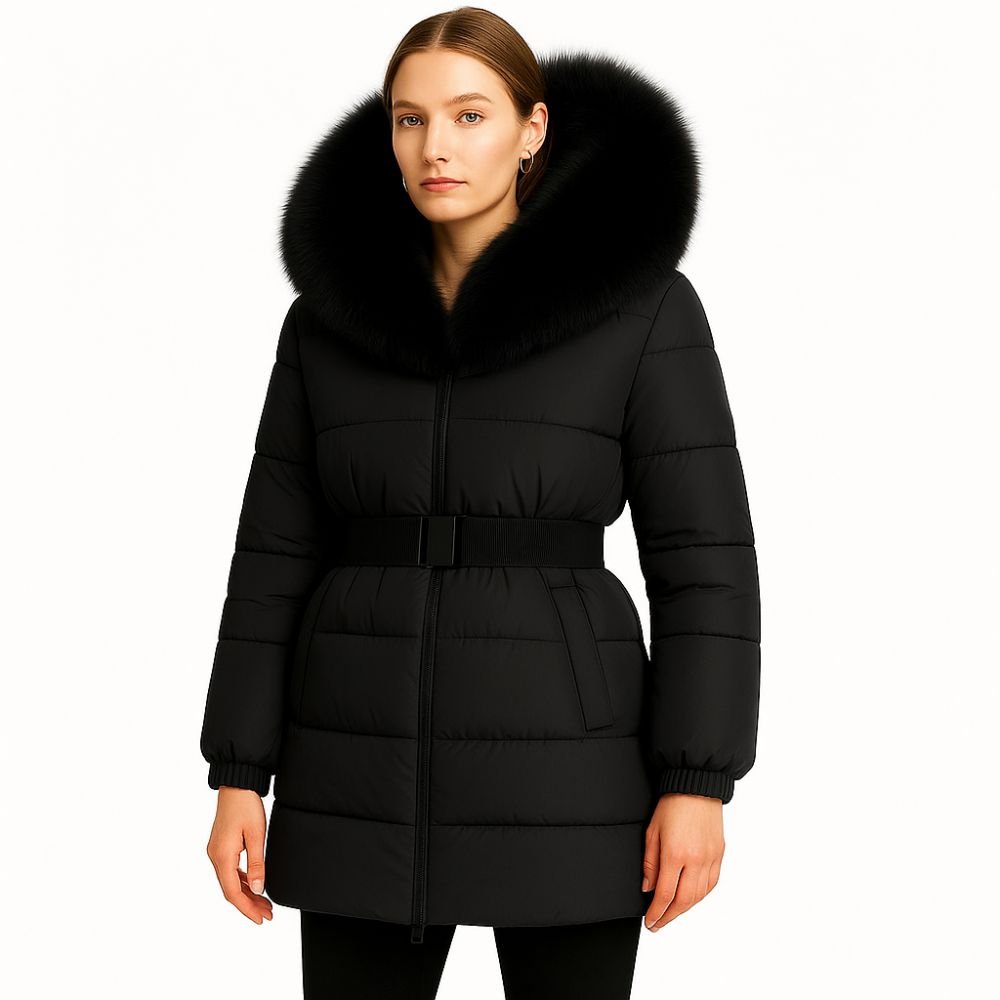 Model wearing the Kouvr Fashion long black belted down puffer coat with a large black fox fur hood