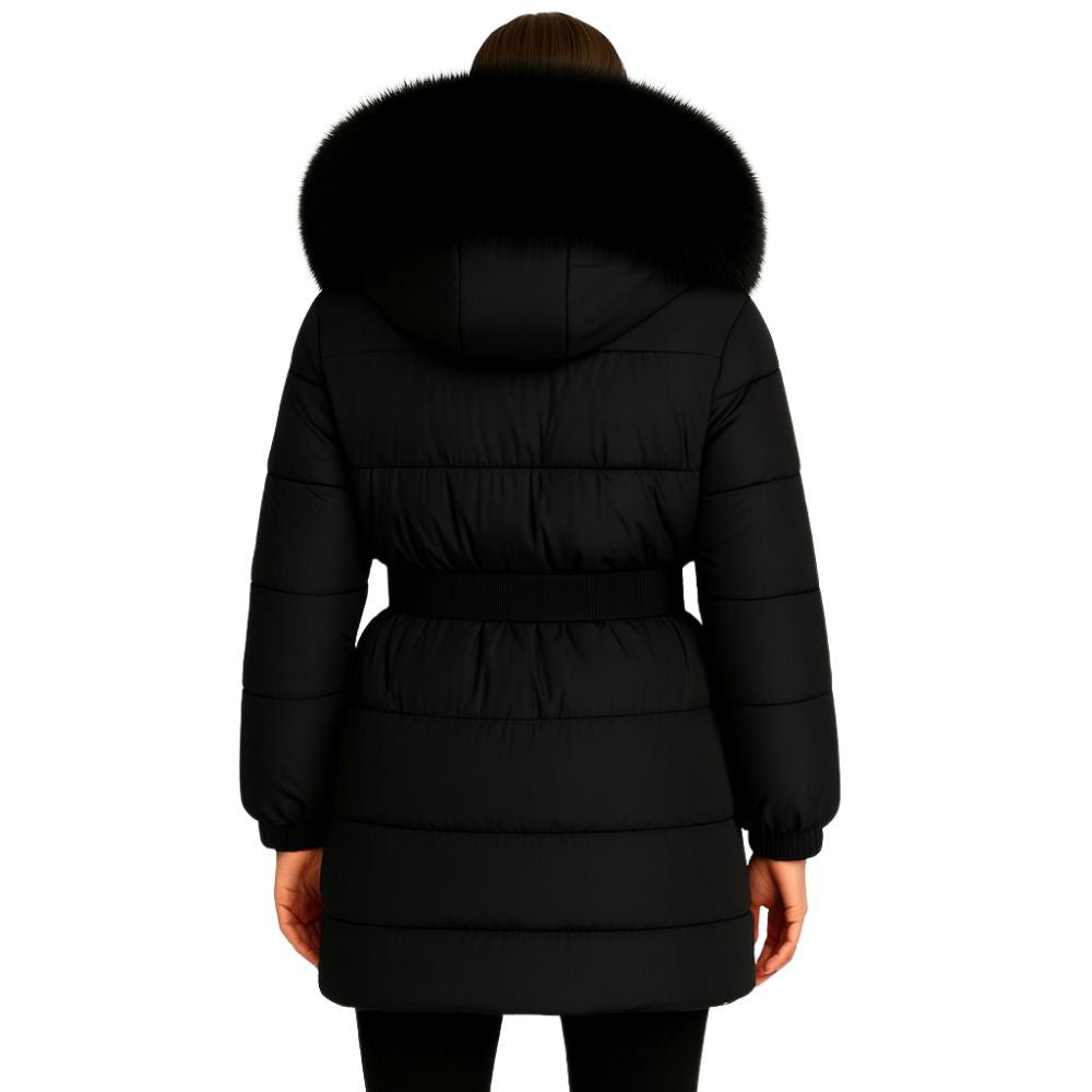 Model wearing the Kouvr Fashion long black belted down puffer coat with a large black fox fur hood