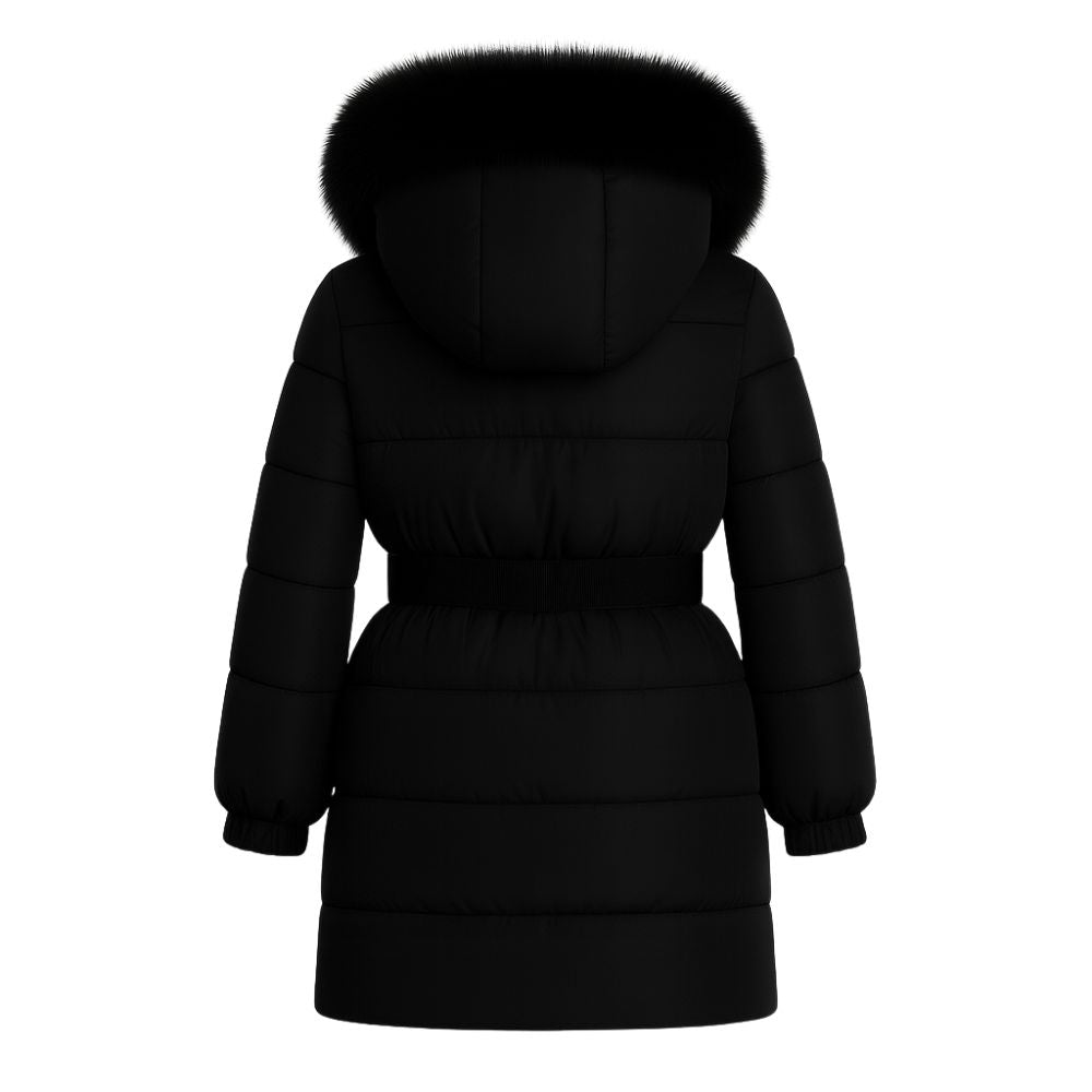Model wearing the Kouvr Fashion long black belted down puffer coat with a large black fox fur hood