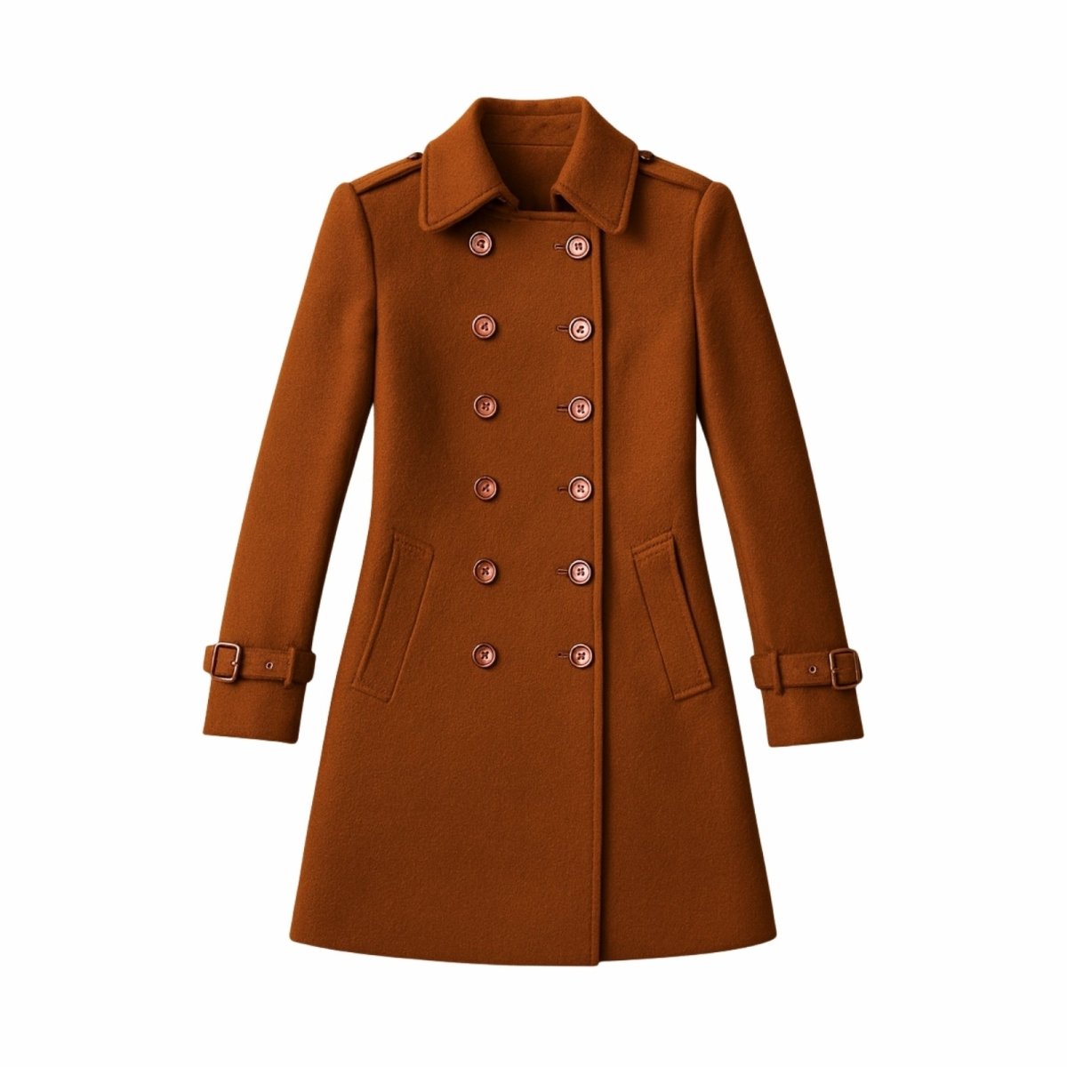 Camel Kouvr coat with buttons on a white background