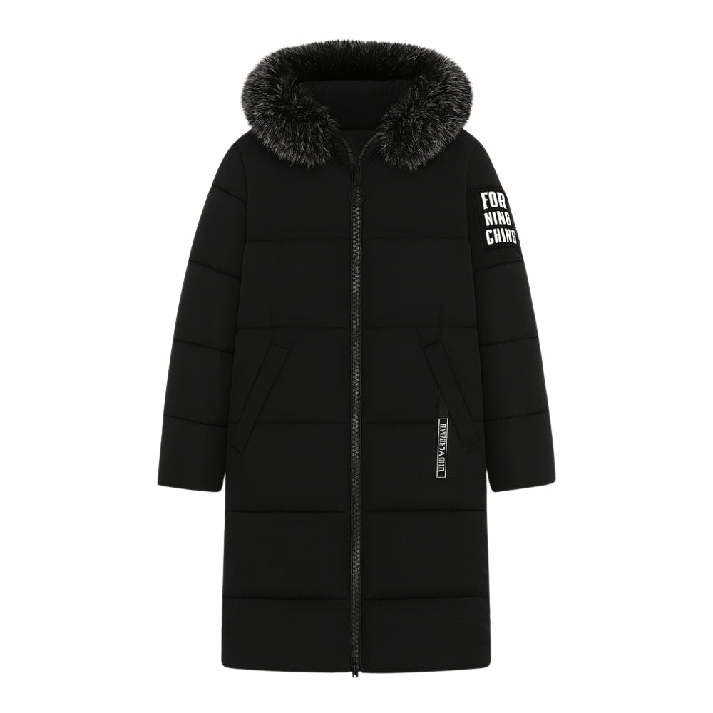 insulated overcoat, warm winter jacket, quilted coat, urban outerwear, heavyweight parka, stylish women's coat, weather-resistant.