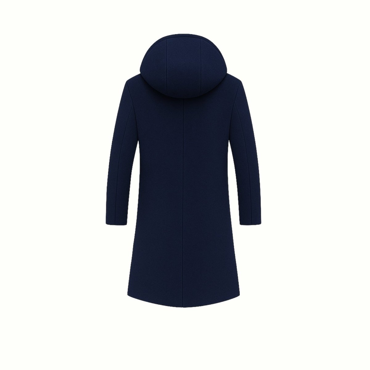 Product-only shot from the back of the Kouvr Fashion navy blue hooded wool overcoat, showing the hood structure.
