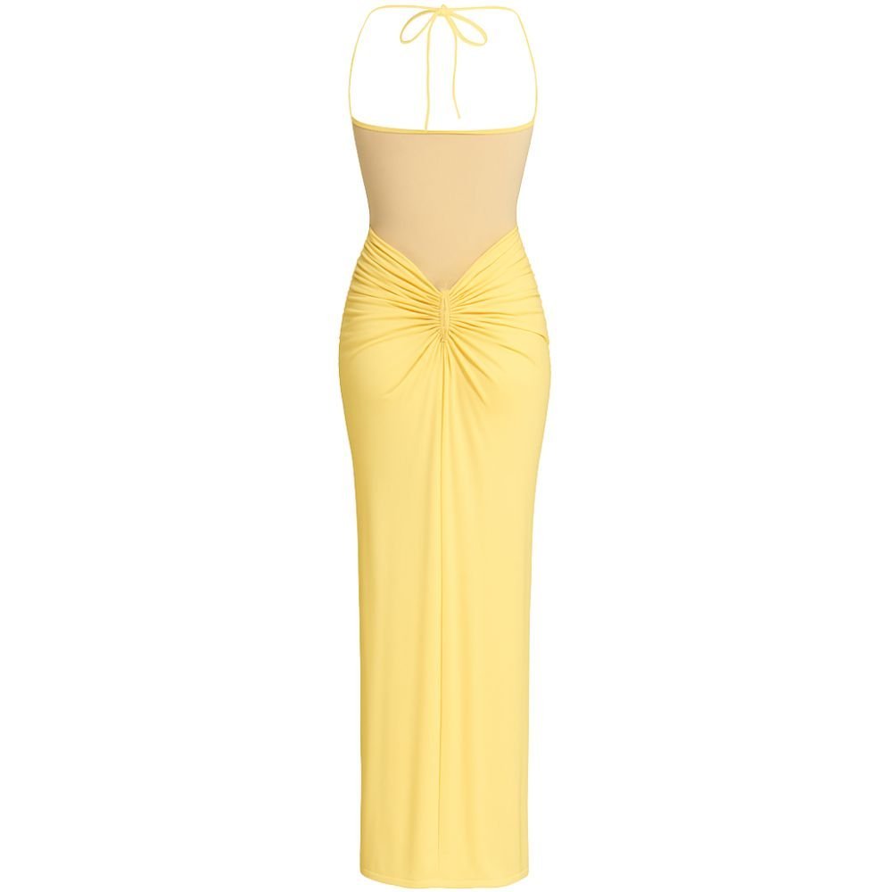 Yellow kouvr halter neck dress on a white background