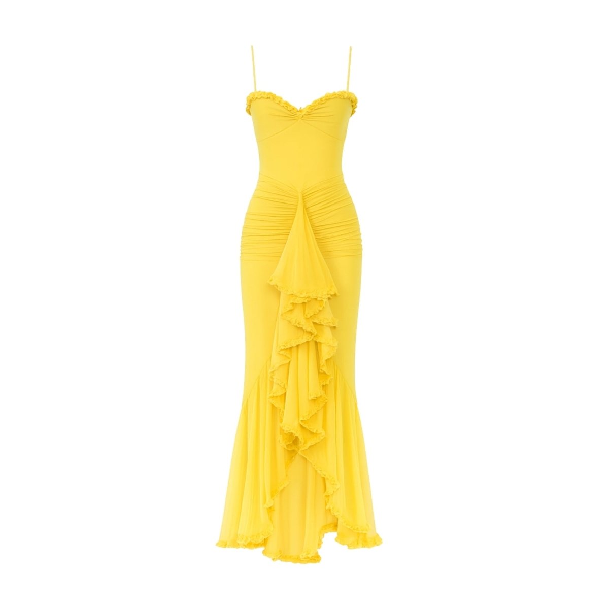 Yellow evening gown with ruffled details on a white background