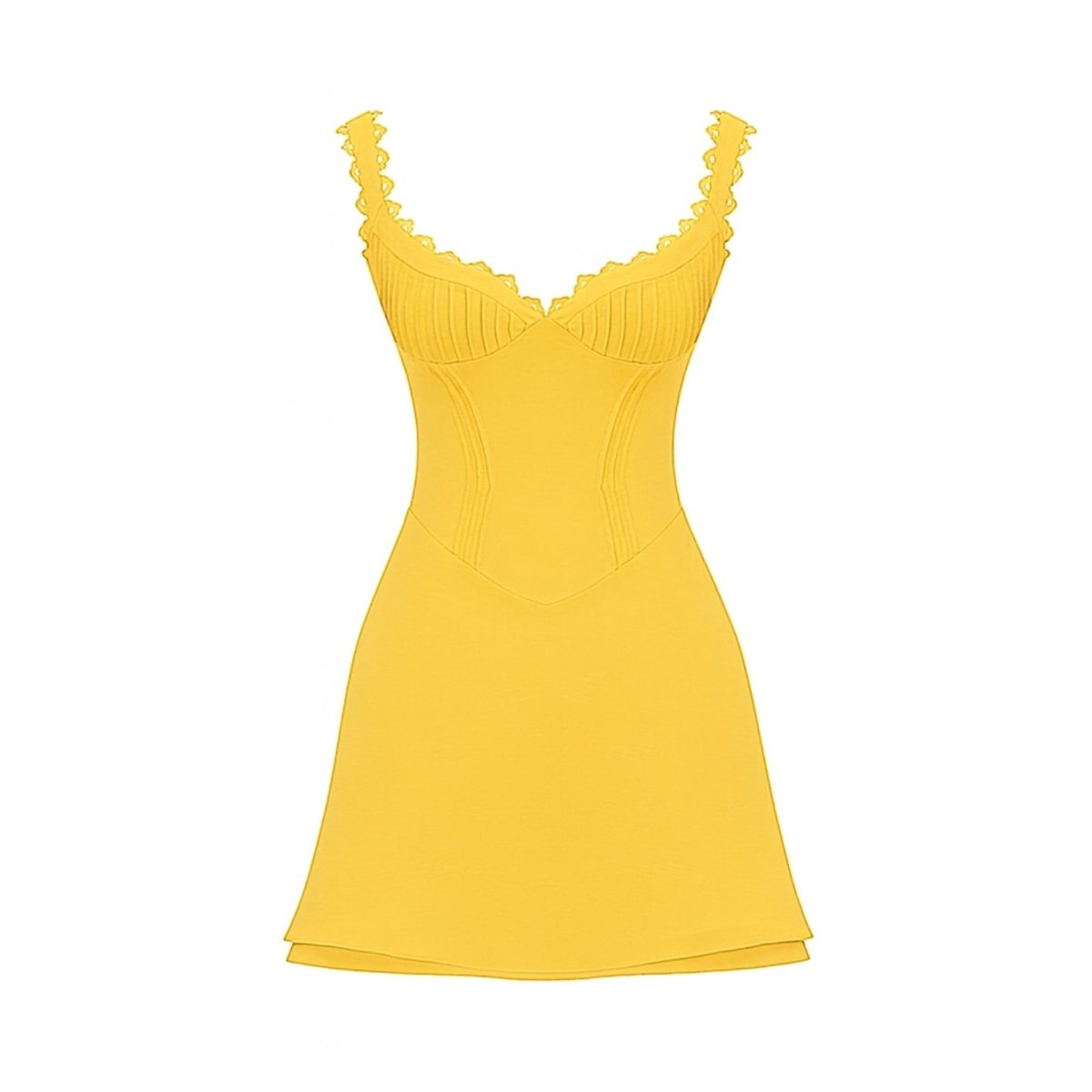 Product flat lay of a yellow corset mini dress with scalloped frill details on the straps and bust.