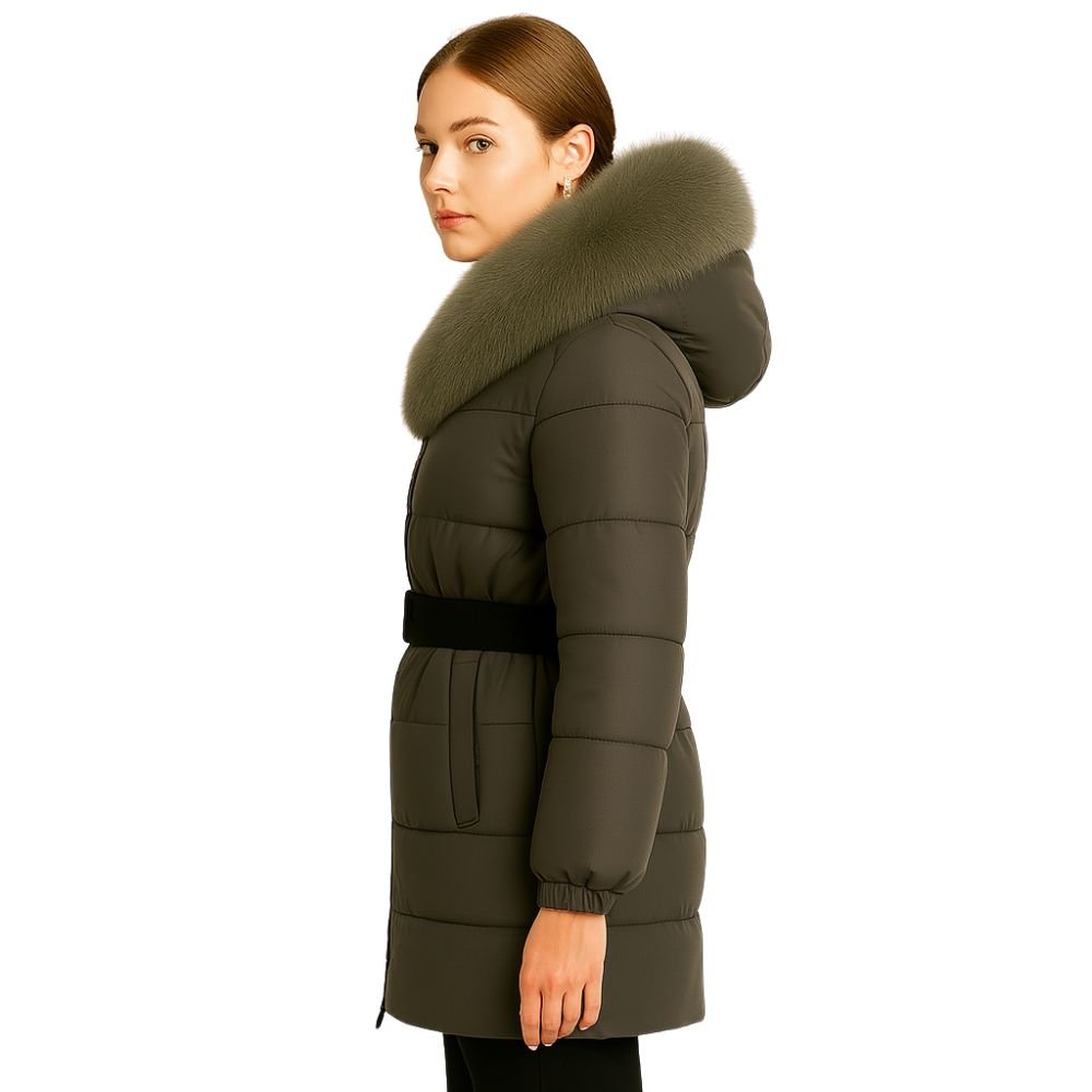 Kouvr Fashion Zoey women's long black puffer coat with oversized silver fox fur hood and belt