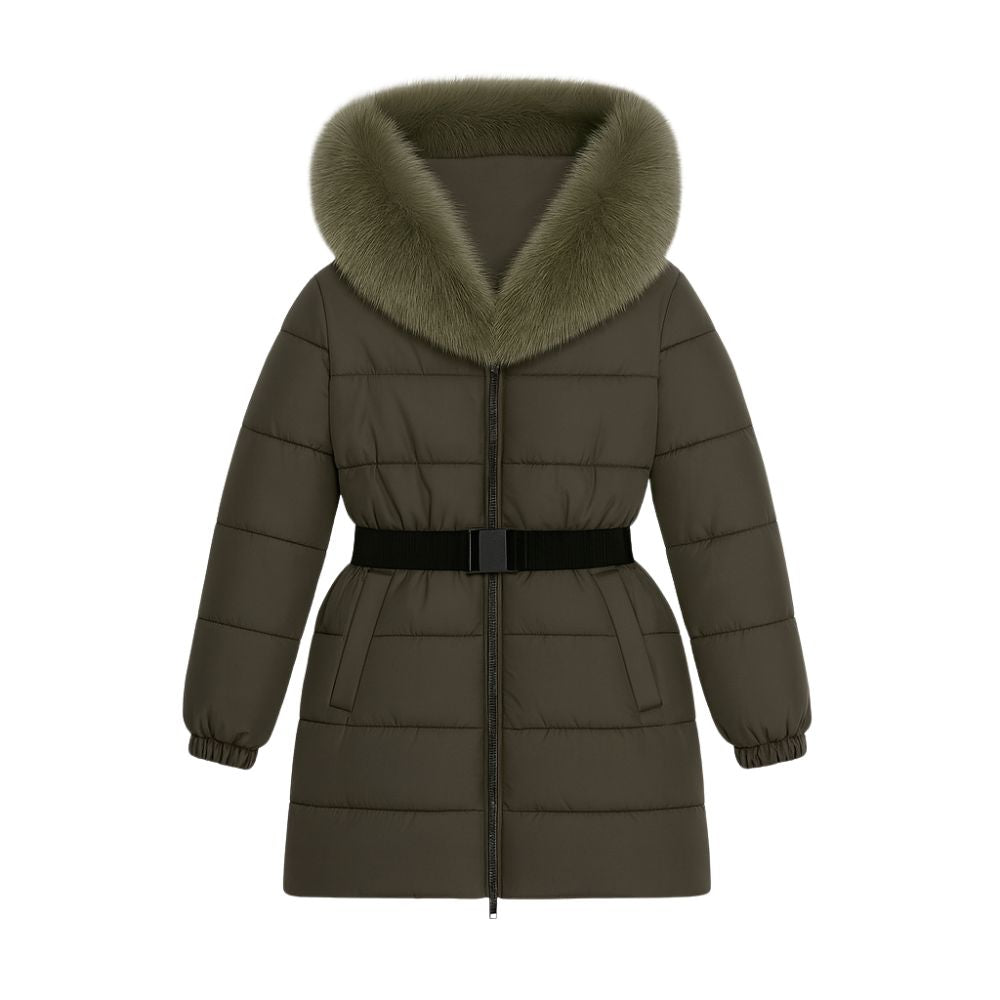 Kouvr Fashion Zoey women's long black puffer coat with oversized silver fox fur hood and belt