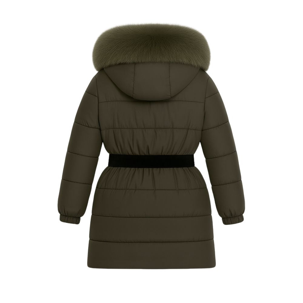 Kouvr Fashion Zoey women's long black puffer coat with oversized silver fox fur hood and belt