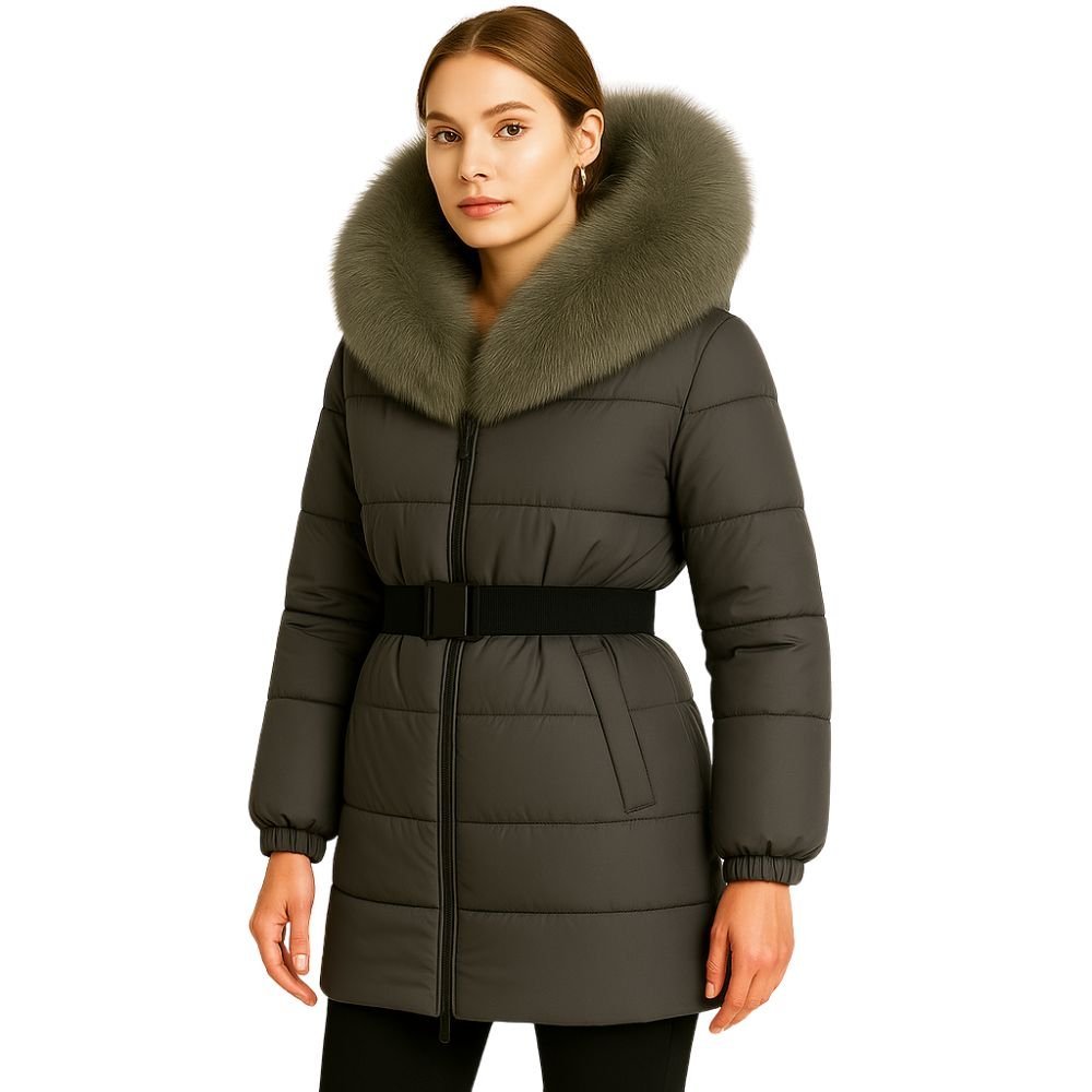 Model wearing Kouvr Fashion belted down puffer coat with oversized white fox fur hood
