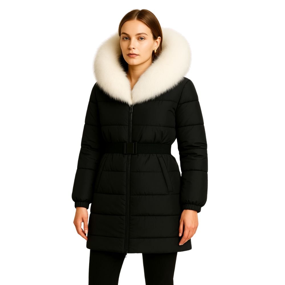 "Kouvr Fashion women's knee-length black belted Zoey puffer coat with oversized natural fox fur 