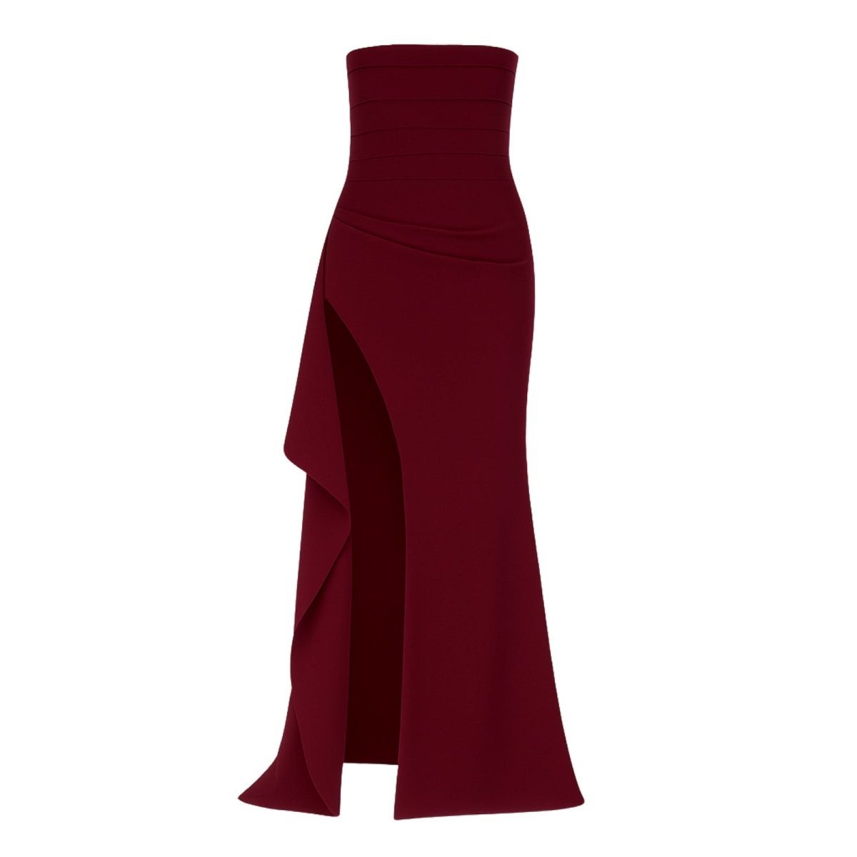 Burgundy kouvr strapless gown with a slit on a white background
