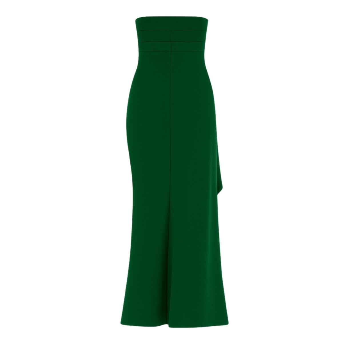 Green kouvr strapless gown on a white background