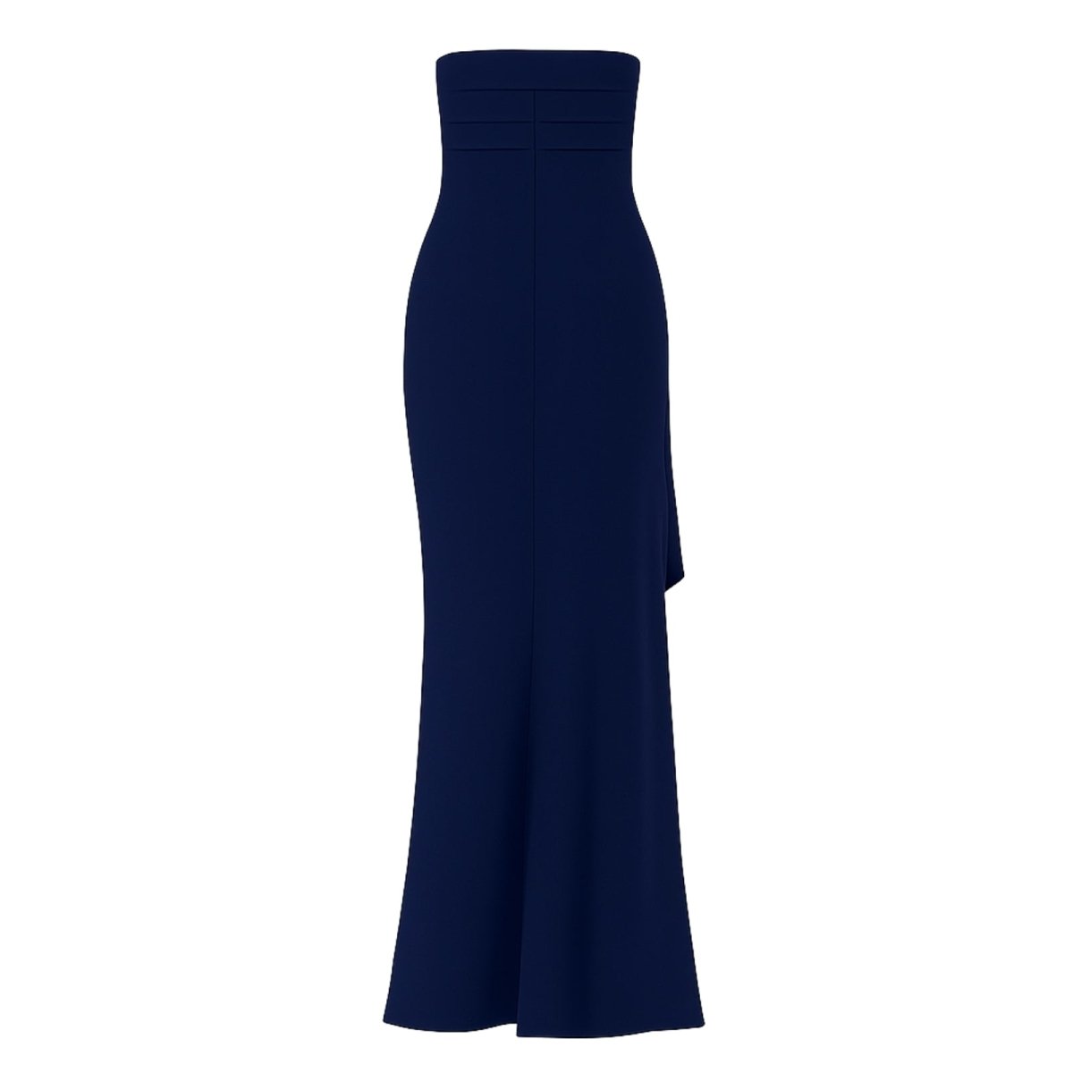 Navy kouvr strapless gown on a white background