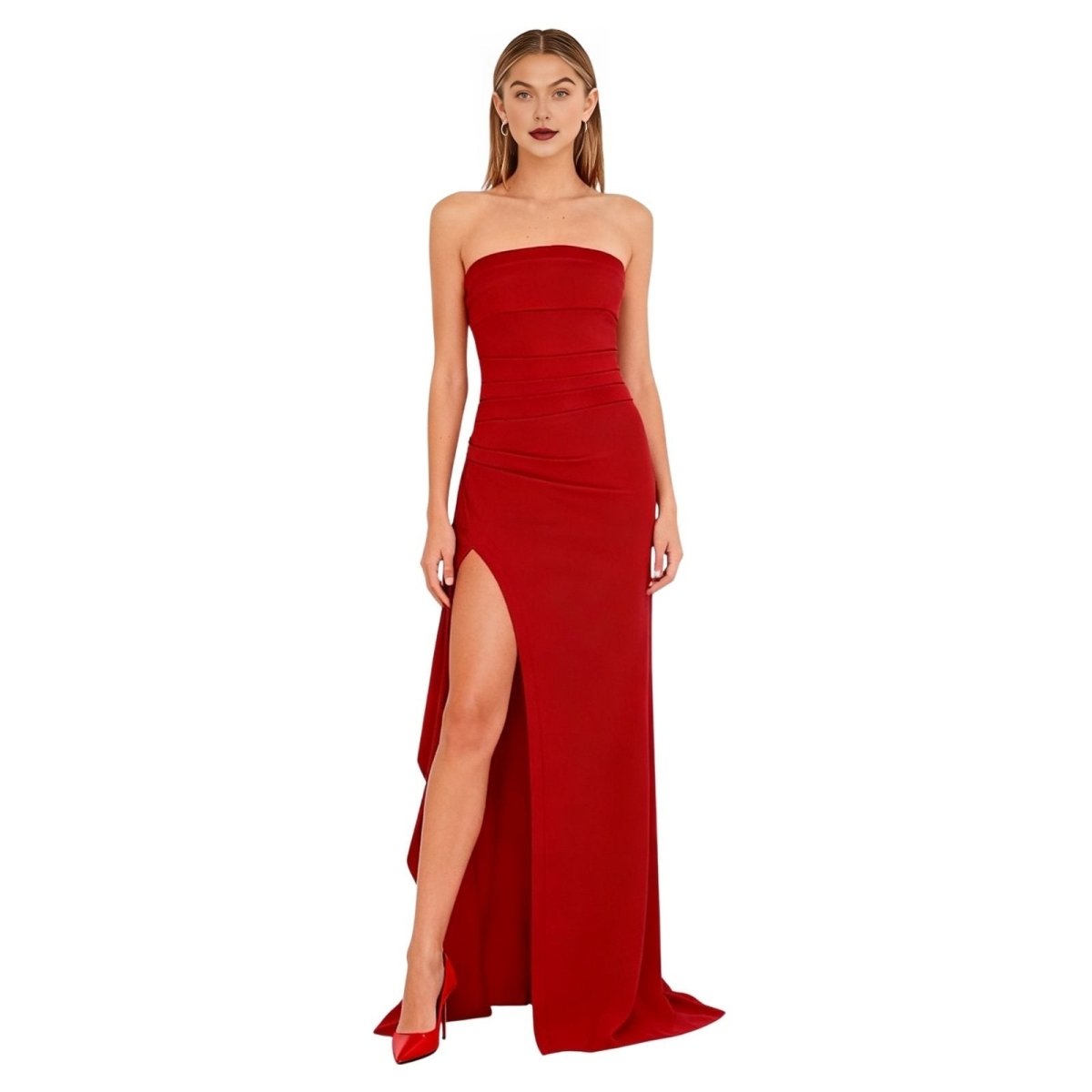 Model wearing the Kouvr Fiora red strapless formal gown with a high thigh slit, front view.