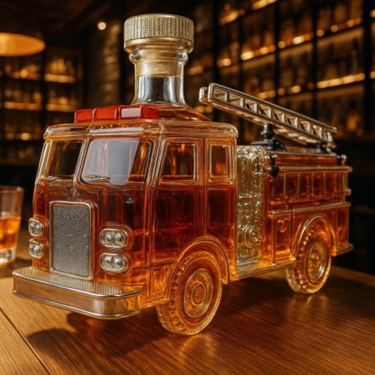 Kouvr fire truck whiskey decanter filled with bourbon, presented as a luxury gift for firefighters on a wooden bar.
