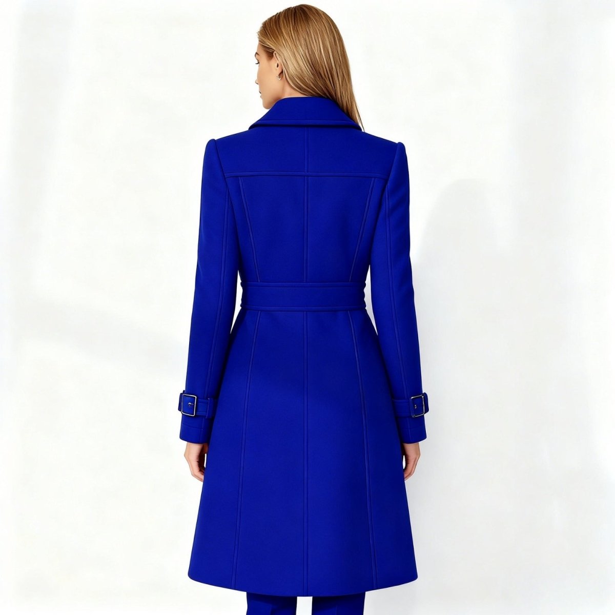 Woman wearing a blue Kouvr coat on a white background