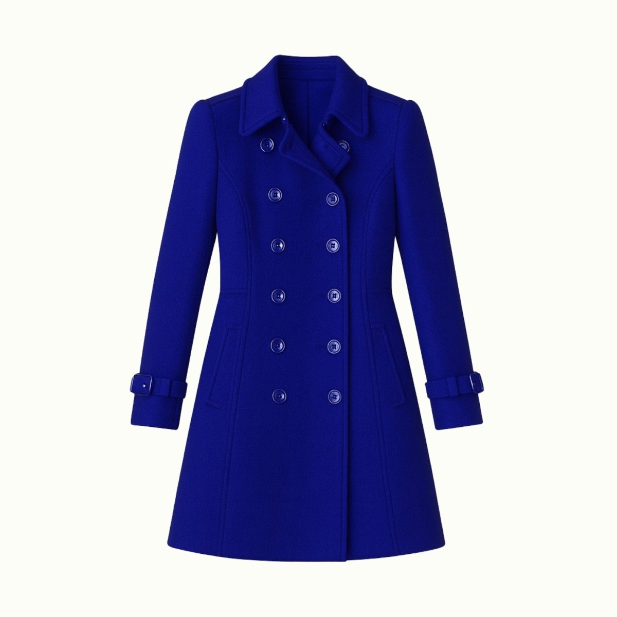 Blue Kouvr coat with buttons on a white background
