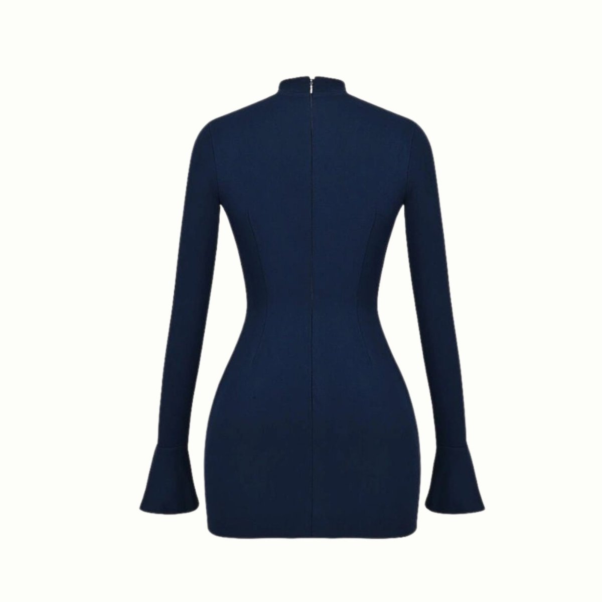 Navy Kouvr dress with long sleeves on a white background