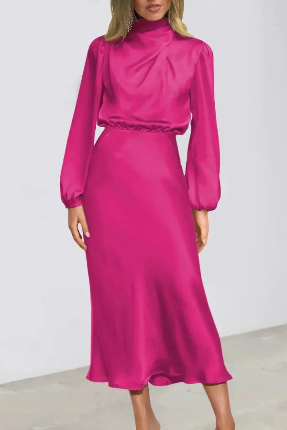 Back view of the Kouvr fuchsia satin midi dress showing the draped back and A-line skirt