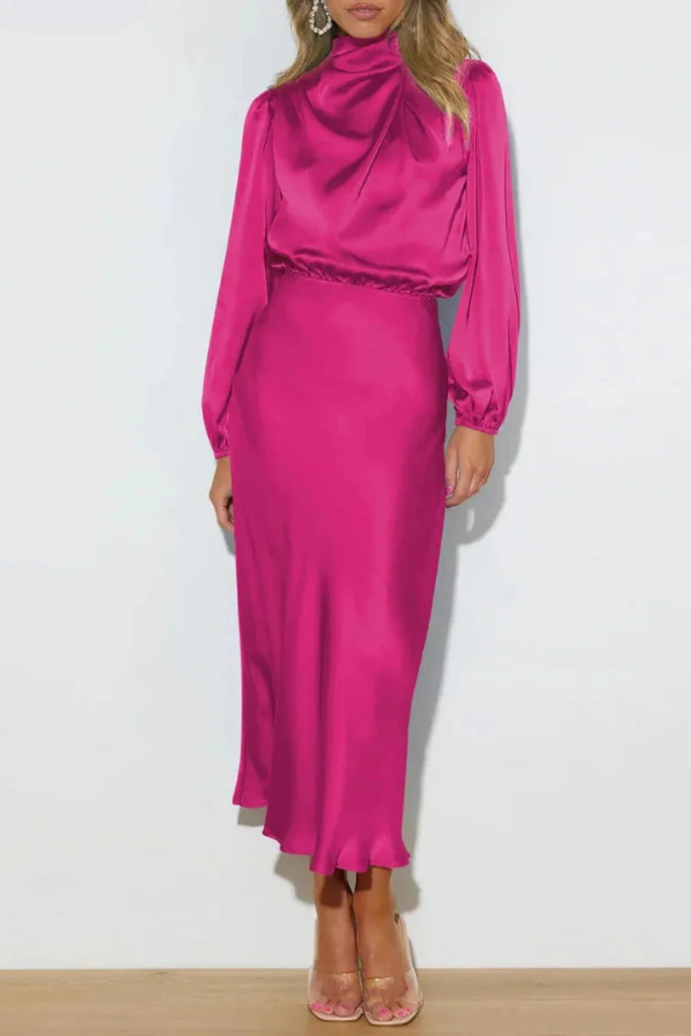 Back view of the Kouvr fuchsia satin midi dress showing the draped back and A-line skirt