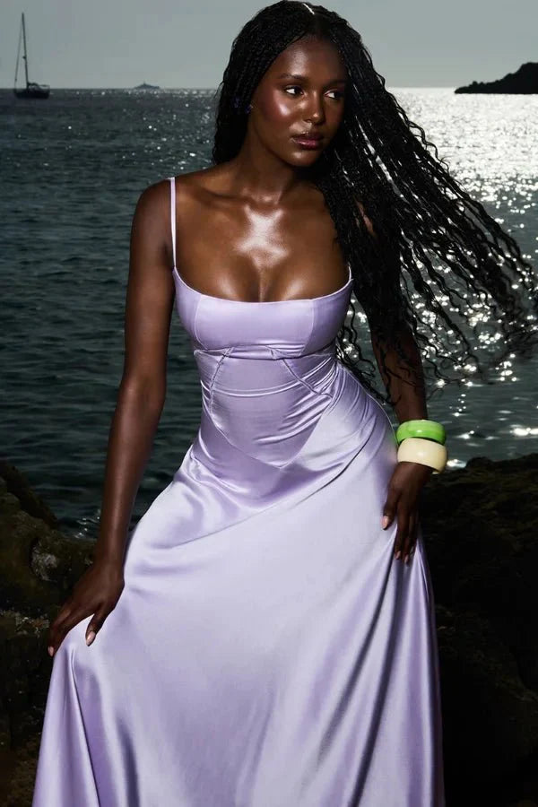 Kouvr Gabriella lilac satin corset maxi dress shown from the front on a model