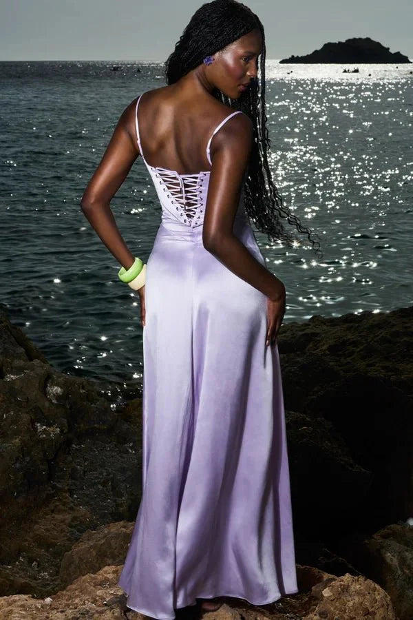 Kouvr Gabriella lilac satin corset maxi dress shown from the front on a model