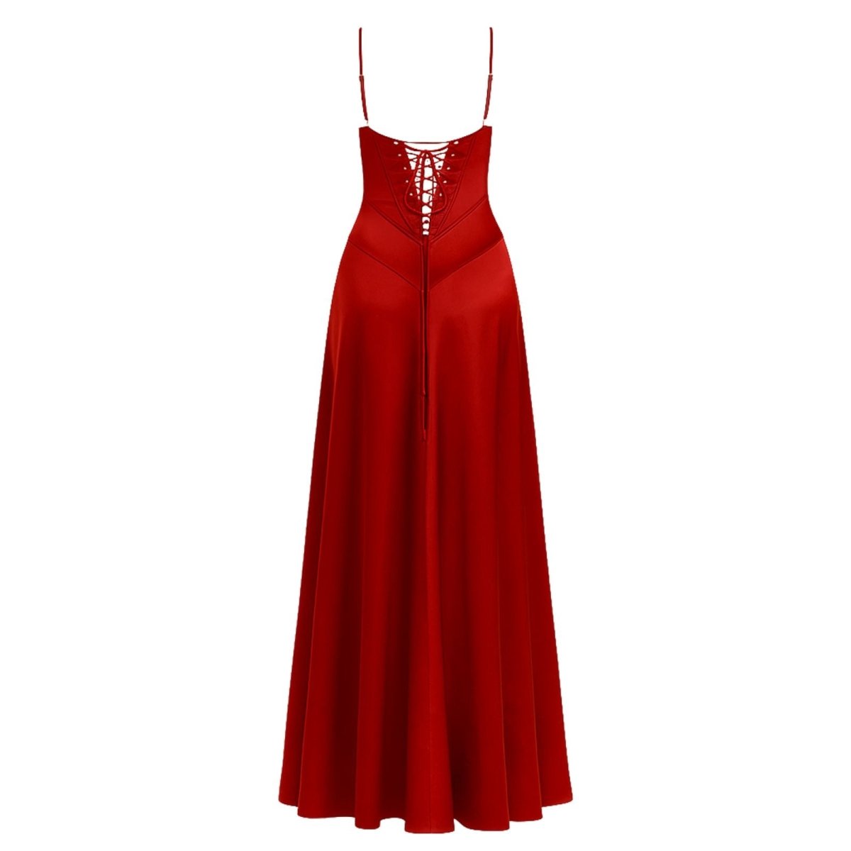 Gabriella red kouvr satin evening gown showing its A-line silhouette.