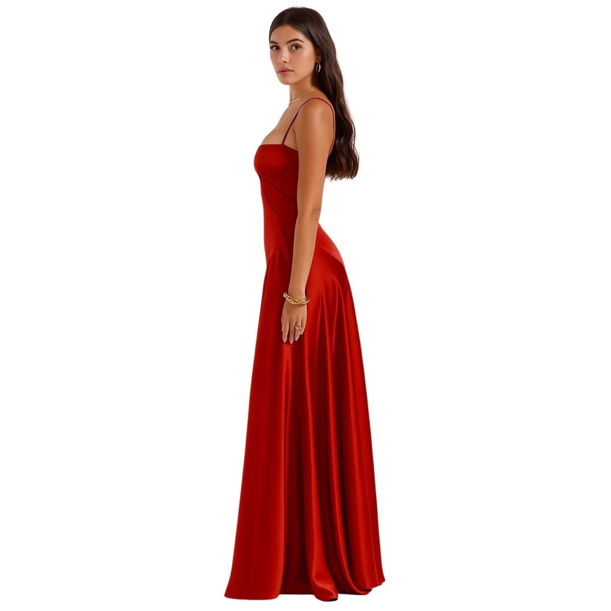 Side profile of the Gabriella red kouvr satin evening gown showing its A-line silhouette.