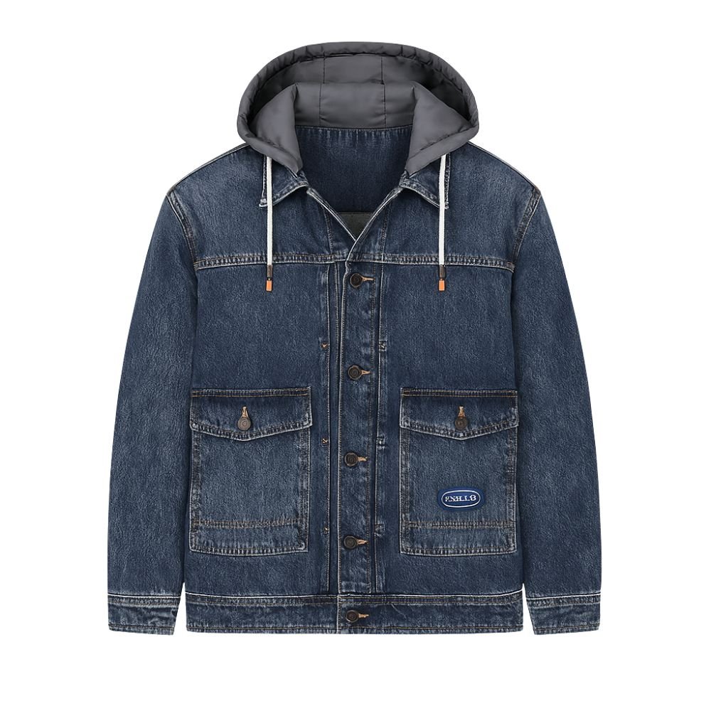 Blue kouvr denim jacket with a hood on a white background