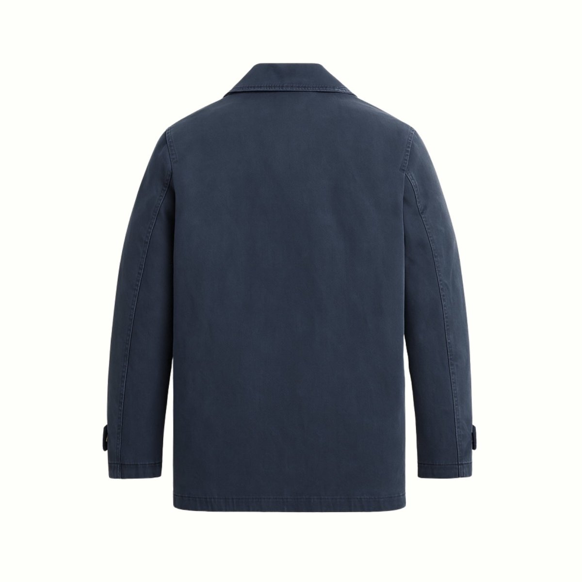 Flat lay showing the back construction and clean tailoring of the Kouvr navy peacoat for men.