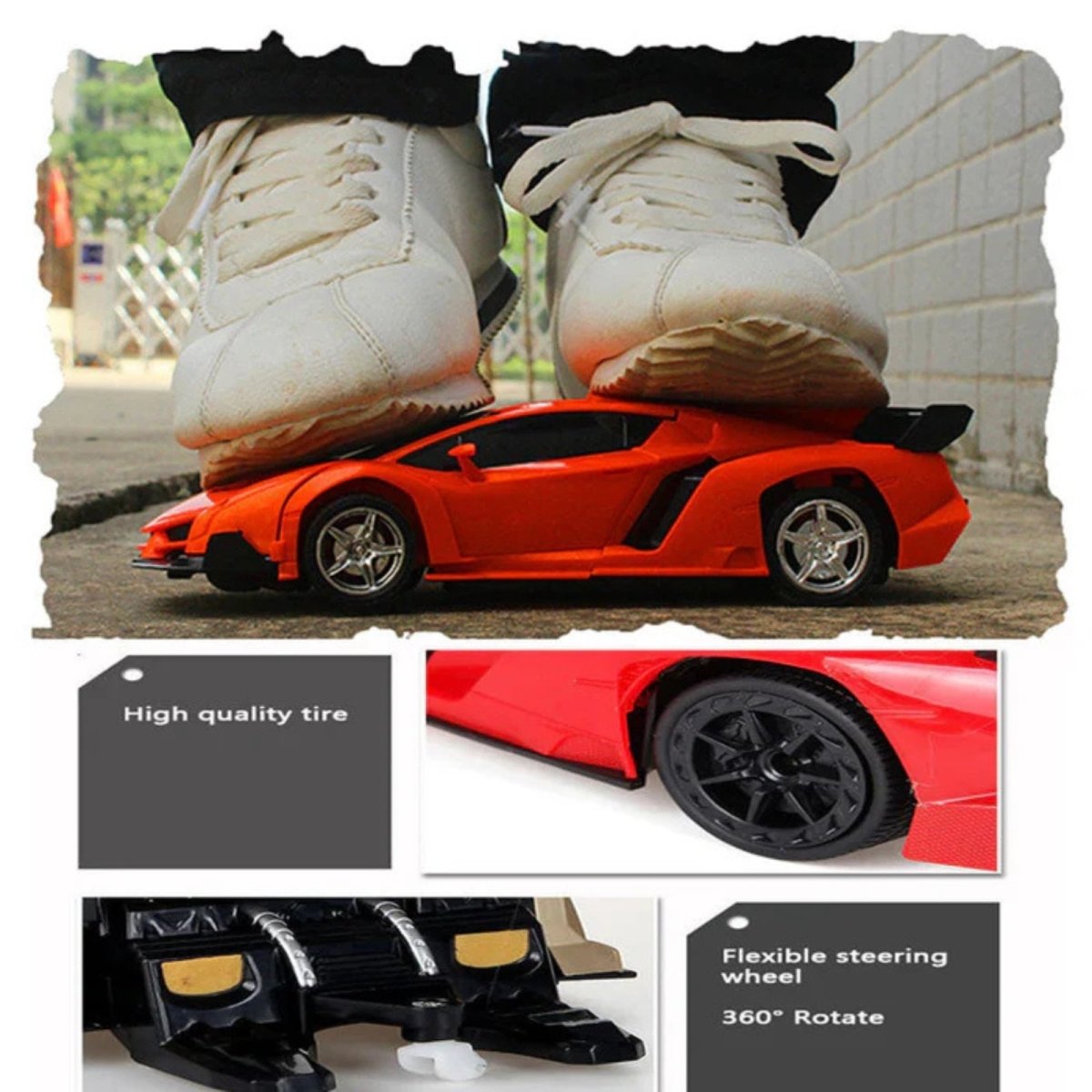 Collage of a red toy car with high-quality tire and flexible steering wheel features.