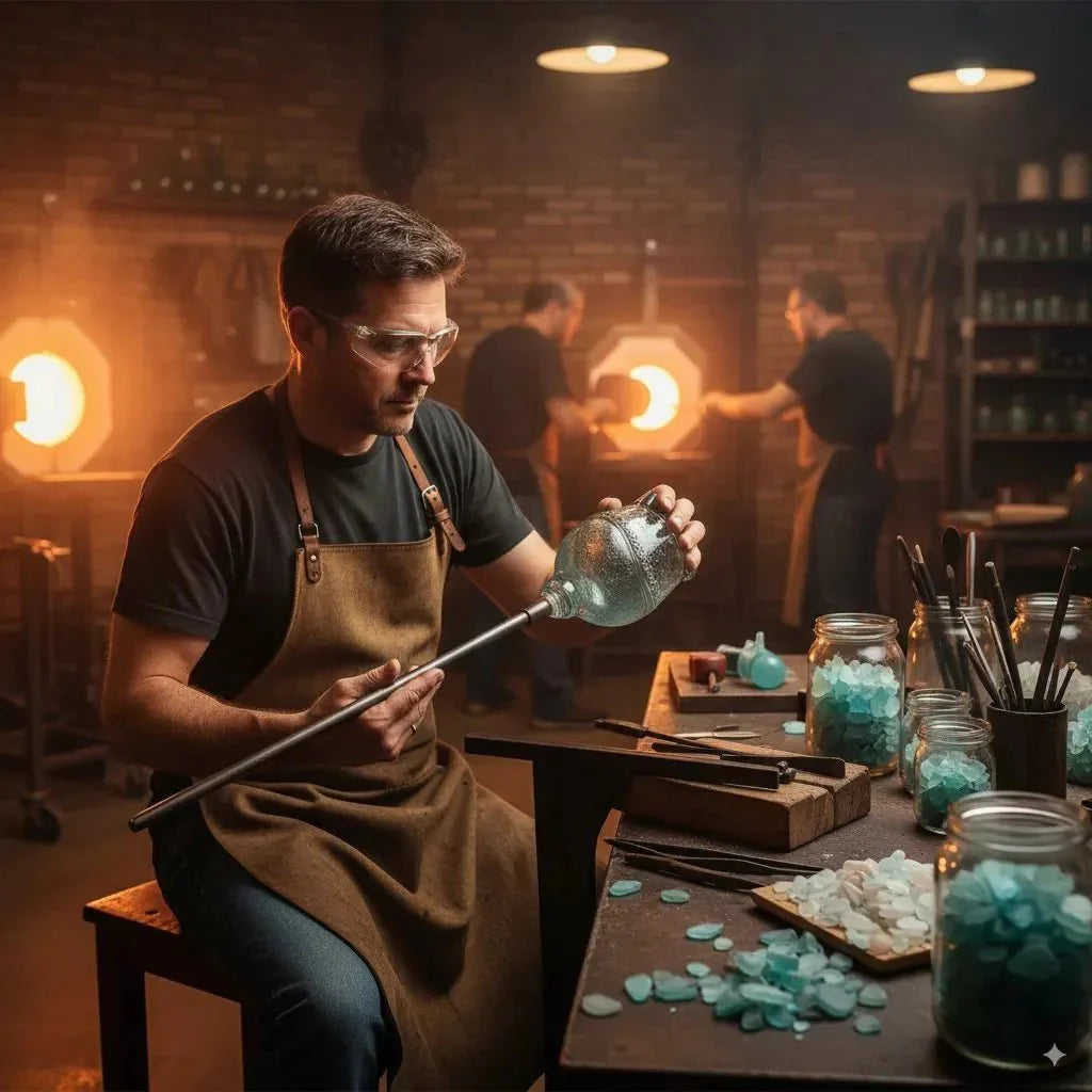 An artisan glassblower carefully shaping a Kouvr ocean wave mug in a workshop, surrounded by tools and sea glass.