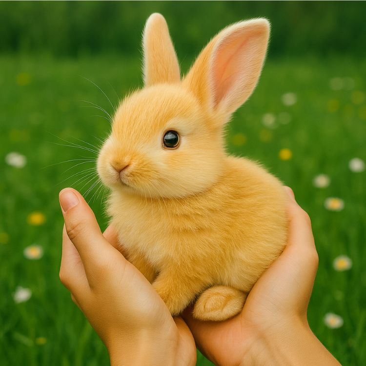 A small, fluffy, lifelike golden-yellow interactive robot bunny toy from Kouvr held gently in a person's hands in front of a green field with flowers.
