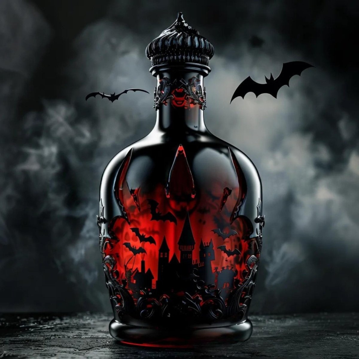 Angled view of a luxury gothic decanter with intricate black filigree and an interior scene of a vampire castle, with bats flying in a smoky sky.