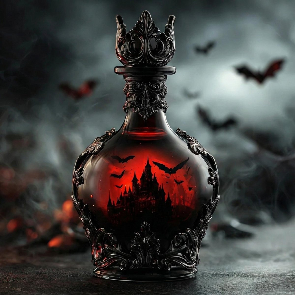 Ornate black glass decanter by Kouvr featuring a red glowing vampire castle and bats inside, with a crown stopper, set against a smoky background.