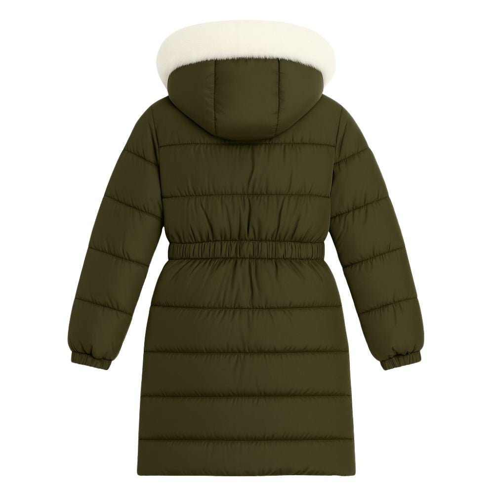 Model wearing Kouvr Fashion belted down puffer coat with oversized white fox fur hood