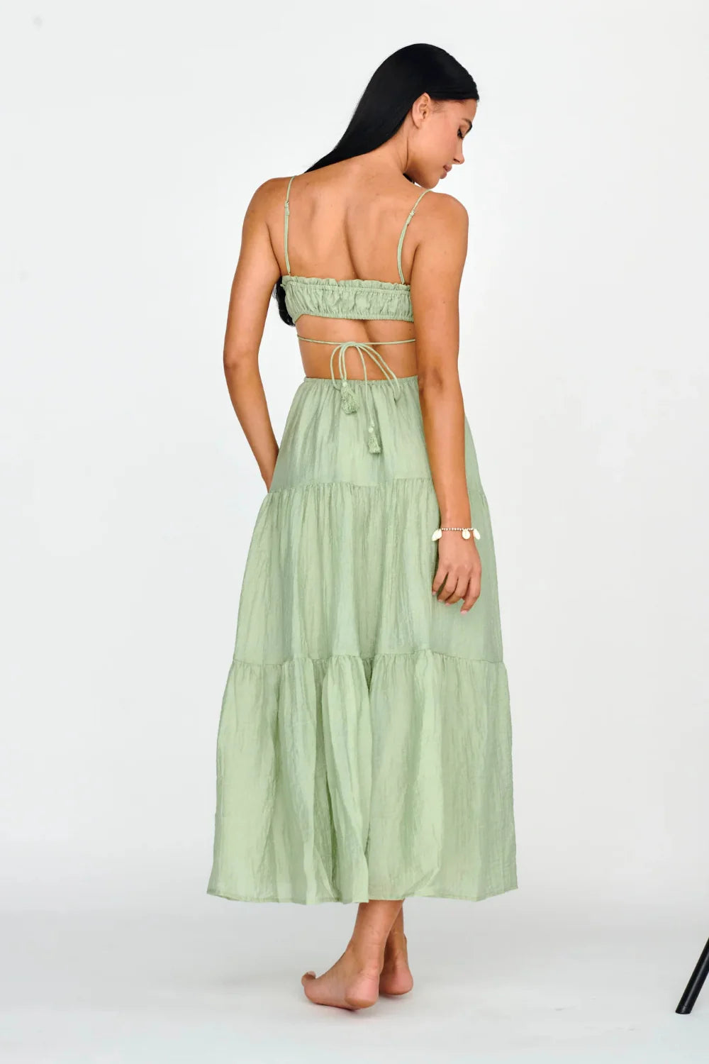 Tiered sundress, bohemian vacation dress, ruched bust dress, resort wear for women, sage green wedding guest dress, lightweight beach gown. Weave these long-tail keywords naturally into the product description and on-page content to capture high-intent shoppers who know exactly what they want.