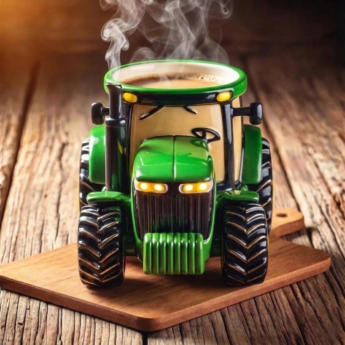 Front view of a handcrafted green ceramic tractor coffee cup by Kouvr, highlighting the detailed grill and headlights, presented as luxury farmhouse decor.