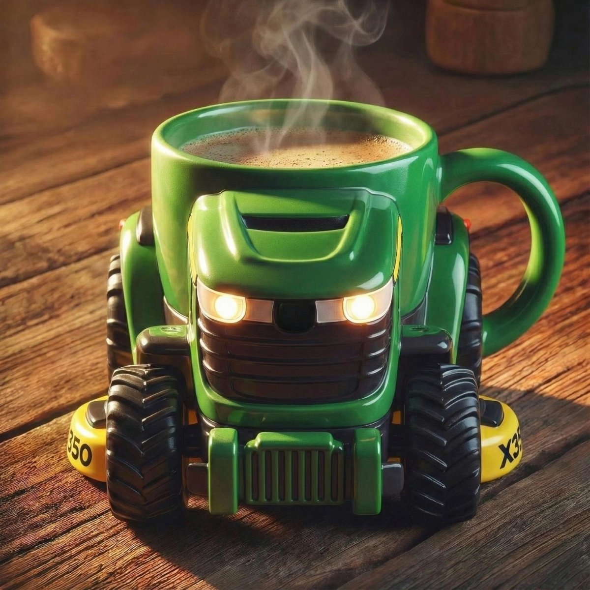 Front view of the Kouvr collectible green tractor mug, highlighting the detailed front grille and headlights, filled with hot coffee.
