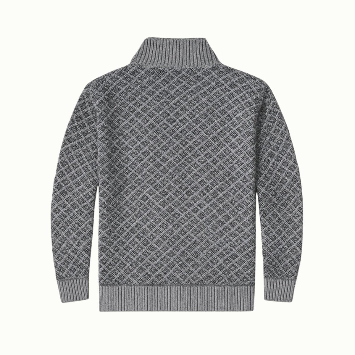 Flatlay product photo of the back of the Kouvr men's grey knitted sweater jacket, highlighting the continuous diamond pattern.