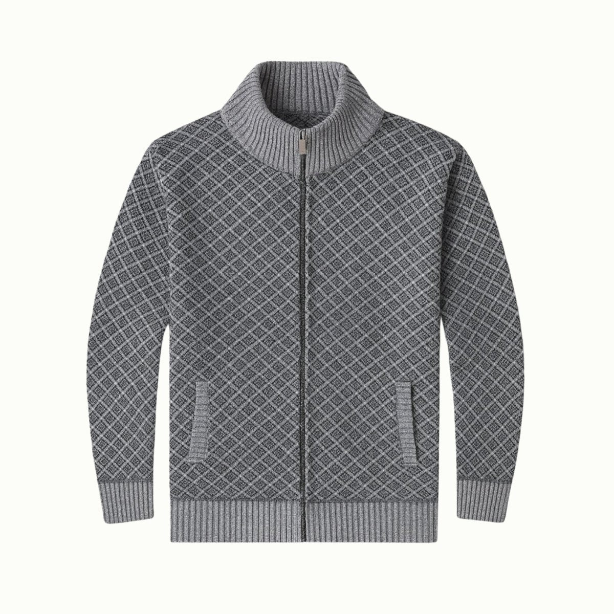 Flatlay product photo of the Kouvr men's grey diamond knit cardigan, showing the full-zip front and pocket details.
