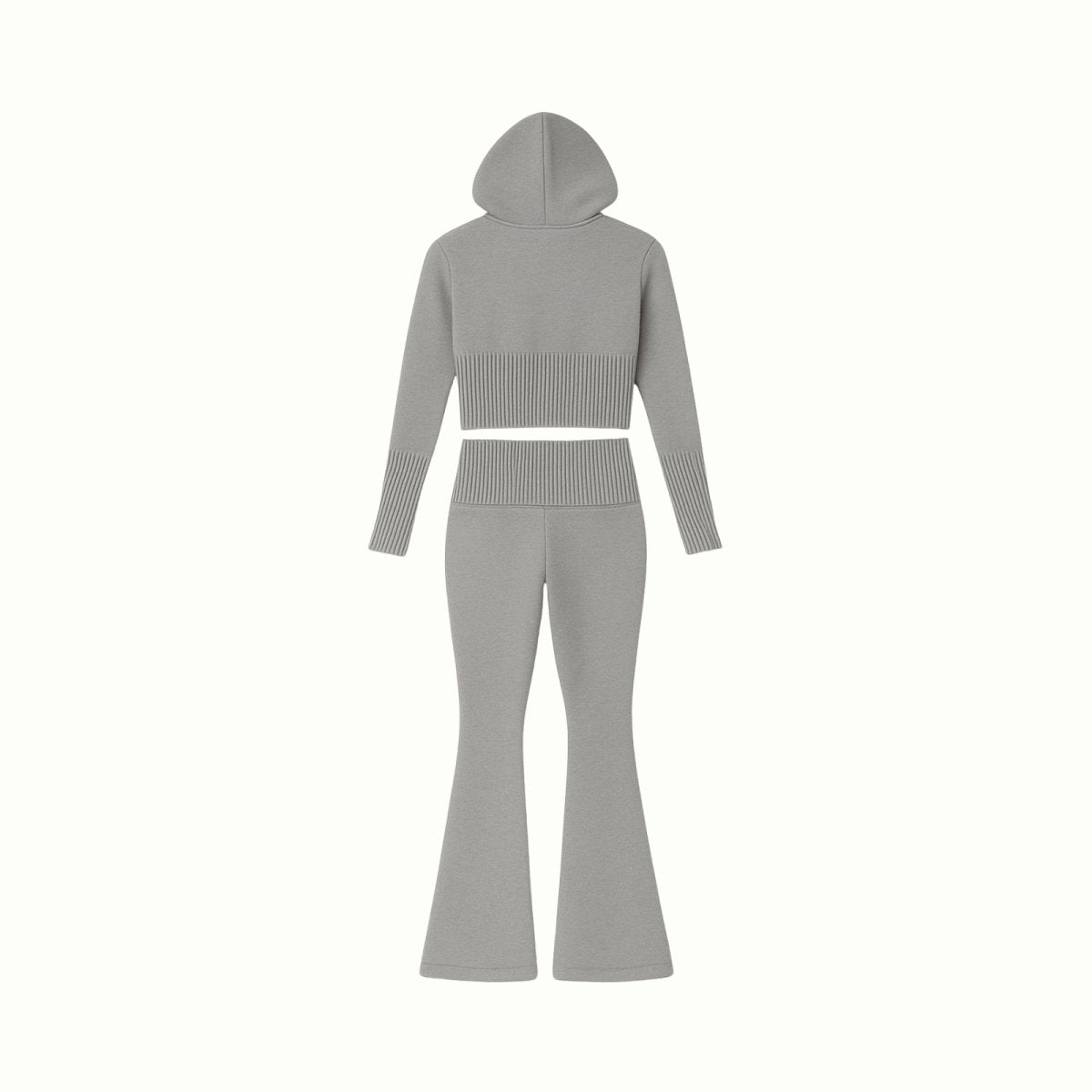 A flatlay product image of the Kouvr Fashion grey two-piece outfit, showing the back of the cropped zip hoodie and flared pants.