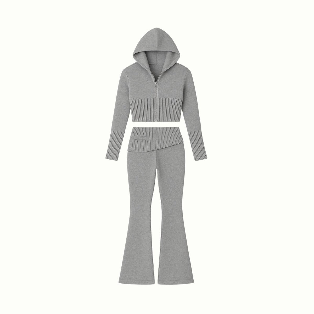 A flatlay product image of the Kouvr Fashion grey two-piece outfit, showing the front of the cropped zip hoodie and flared pants.