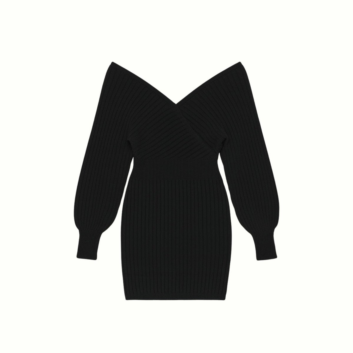 Flat lay product photo of the Kouvr Gwynth black off-the-shoulder V-neck sweater dress on a white background.