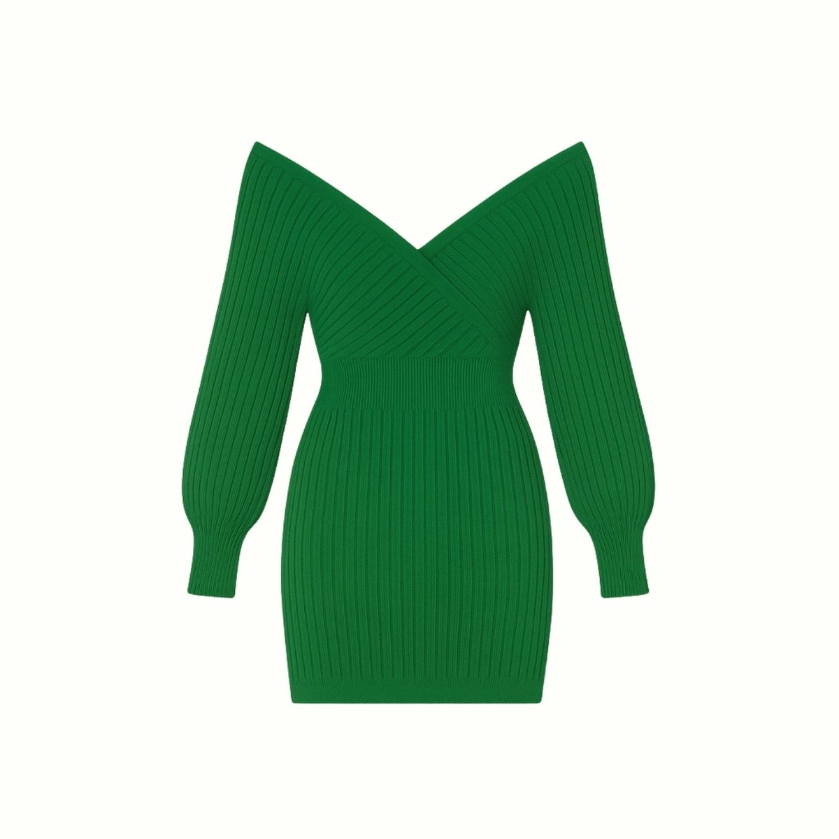 Flat lay of the Kouvr Gwynth off-shoulder ribbed knit mini dress in emerald green on a white background.